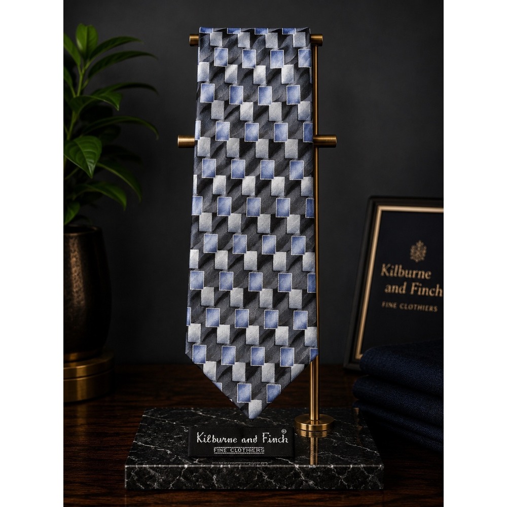 Kilburne & Finch Men's Blue Gray Geometric Silk Necktie Modern Designer Tie